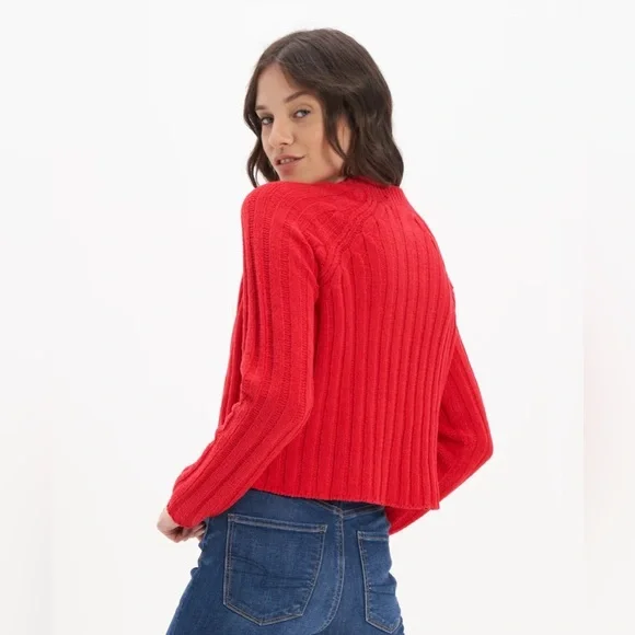 American Eagle Red Ribbed Knit Mock Neck Sweater (XS) - Picture 2 of 14